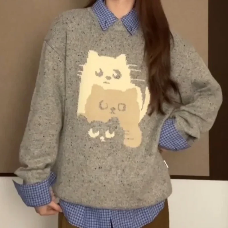 2025 Spring Winter Thick Cartoon Gray Sweater Harajuku Anime Cute Cats Brocade Sweater Jumper Loose Casual Kawaii Y2k Clothes