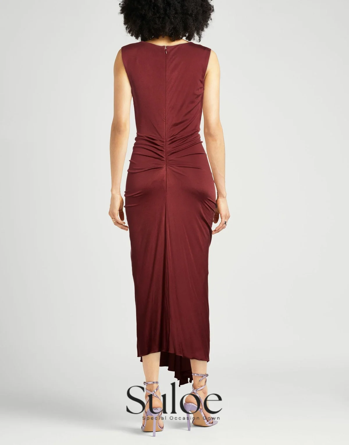 Suloe Burgundy Sleeveless Midi Evening Dress Twisted Keyhole Neck Ruched Waist Irregular Hem Wedding Guest Gowns Customized