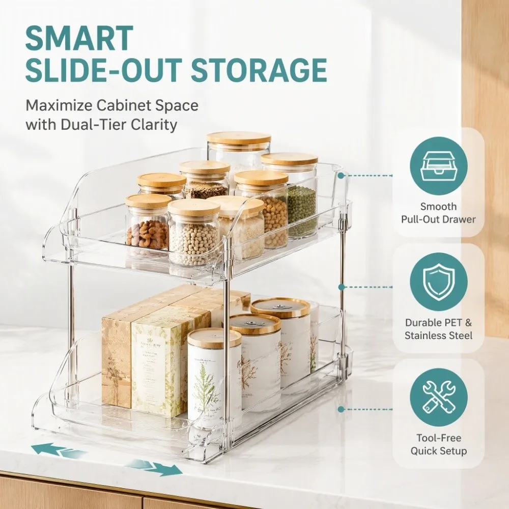 PET Under Sink Organizer Transparent 2 Tier Pull Out Storage Shelf Multi Purpose Pull Out Design CD Holder Stand Under Sink Area