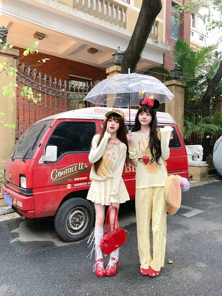 Sweet Style Lemon Bubble Shoulder T-Shirt Women Summer Lazy Knitted Sunshade Cover up Top Loose Fit Long Sleeve Printed Butte...