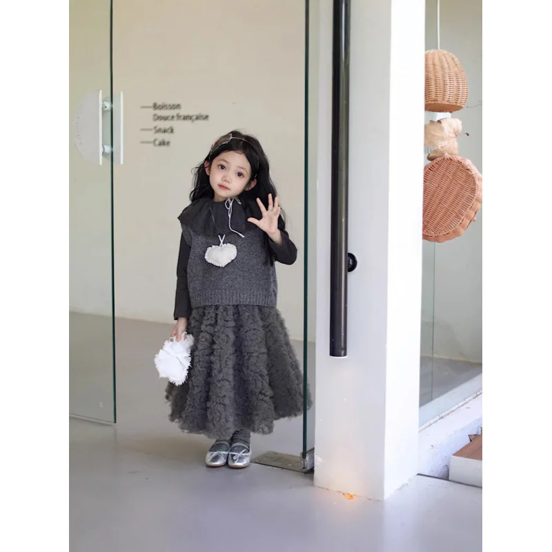 

Girls' Autumn Winter Knitted Vest and Skirt Set Stylish Ruffled Collar Base Shirt Mesh Skirt Three-Piece Set