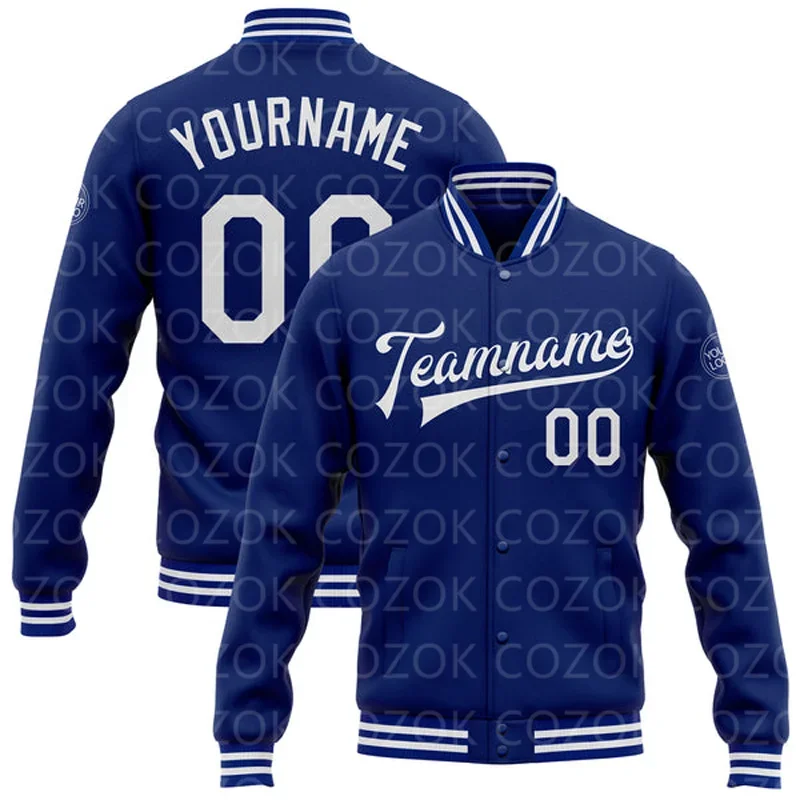 

Custom Blue White 3D Printed Baseball Button Jacket Bomber Full-Snap Varsity Letterman Jacket