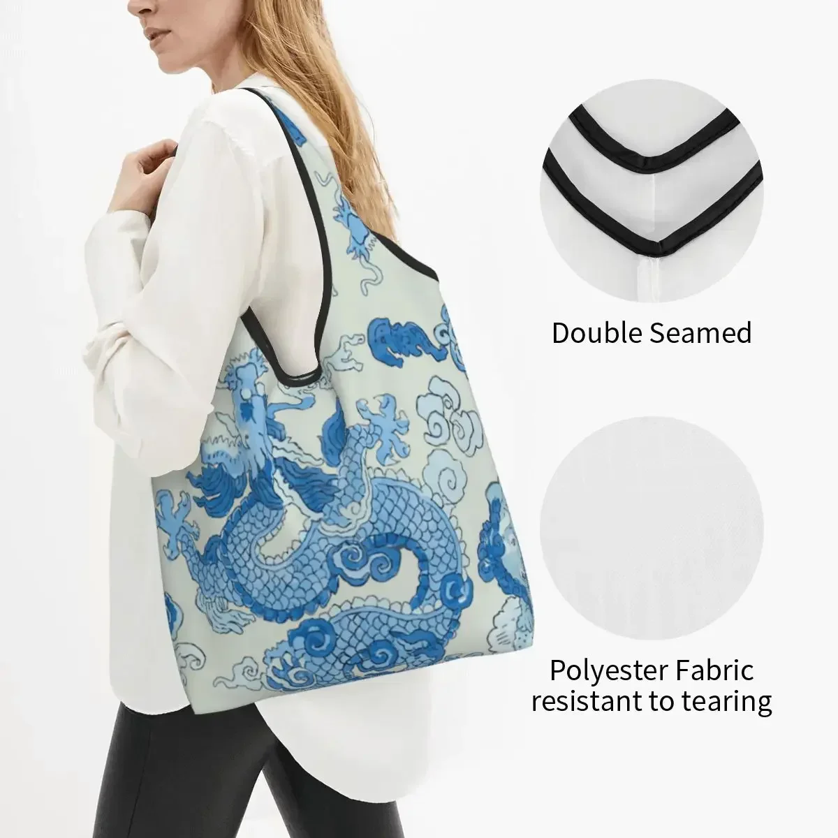 Reusable Magic Mountain Dragon Porcelain Bule Chinoiserie Shopping Bag Tote  Portable Antique Delft Grocery Shopper s