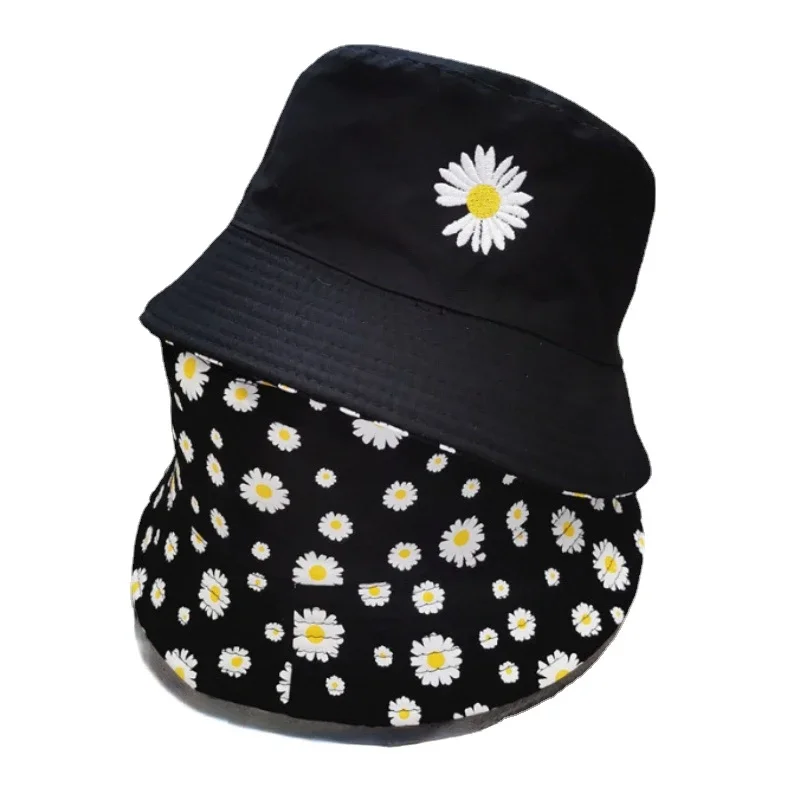 Daisy Embroidery Bucket Hats for Women Men Double-Sided Hip Hop Panama Caps Children Summer Fishing Streetwear Bob Fisherman Hat