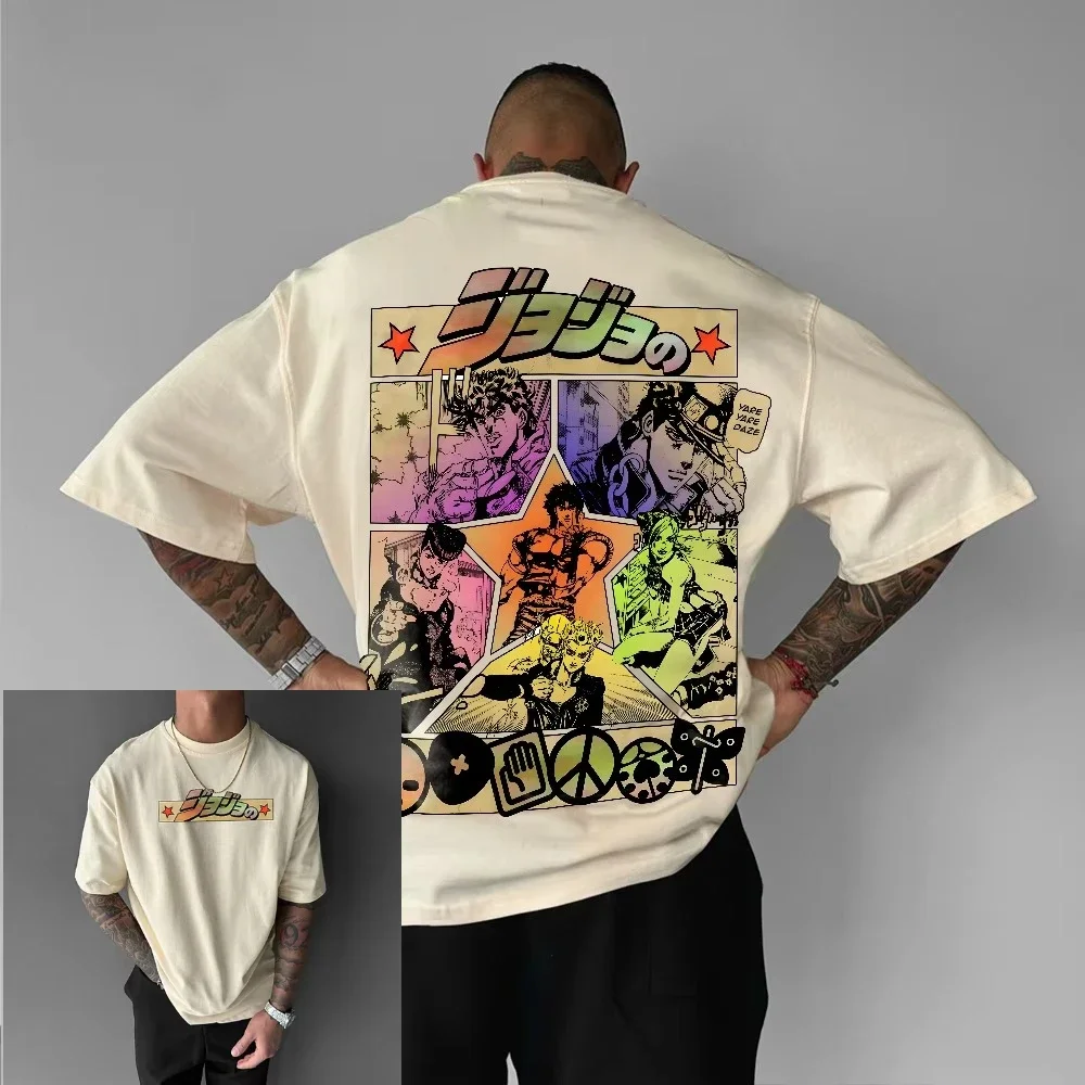 Camiseta de manga corta de Anime japonés Jojo para hombre, Top con patrón de Manga Harajuku, Top holgado de algodón de gran tamaño para batalla de mujeres y hombres