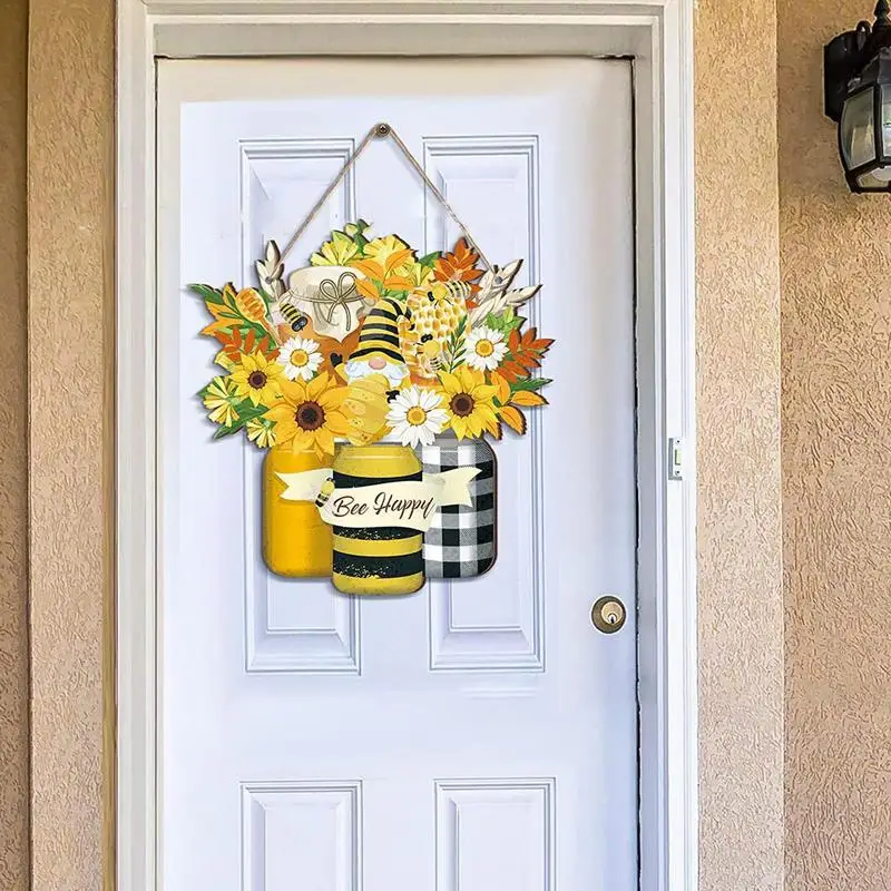 Bee Door Sign Bee Happy Yellow Bee Welcome Sign Hangable Spring Decoration House Warming Gifts New Home Flower Gnome Door Decor