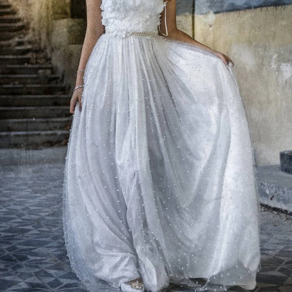أنيقة الأبيض اللؤلؤ مطرز تول ألف خط تنورة الزفاف الفاخرة الخرز شبكة طويلة عالية الخصر حفل زفاف تنورة خمر حفلة موسيقية تنورة
