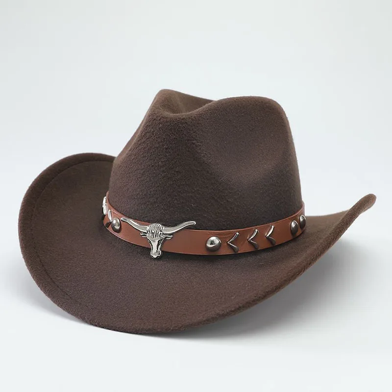 New Western Cowboy Hats Woolen Felt Men's And Woman's Tidal Current Fashionable And Versatile Curved Brimmed Bull Head Jazz Caps
