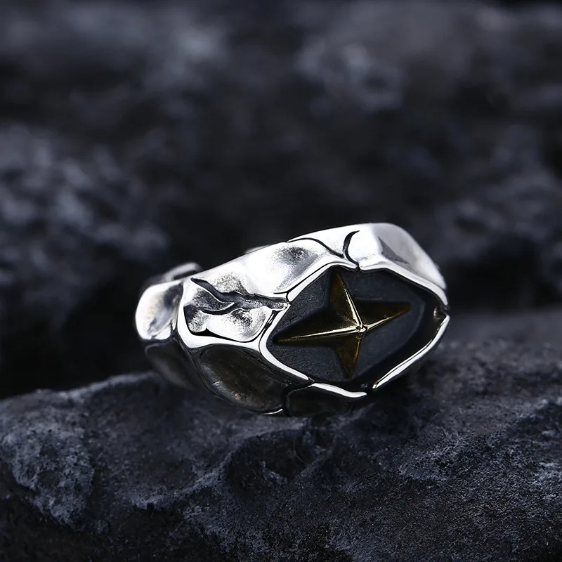 Retro Cracking Star Ring For Men Silver Color Punk Gothic Adjustable Open Ring Handmade Rock Unisex Jewelry Accessories Man Gift