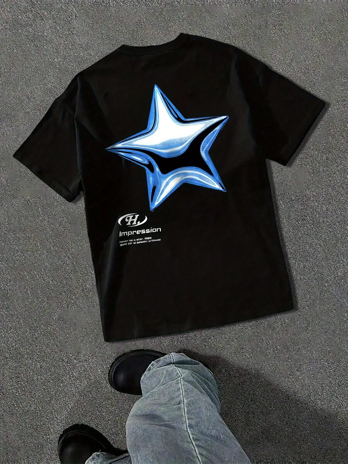 Metallic Blue 3D Star Printed Mens Tee Soft Pure Urban Street Trend Korean Casual Summer Daily Short Sleeve Tops