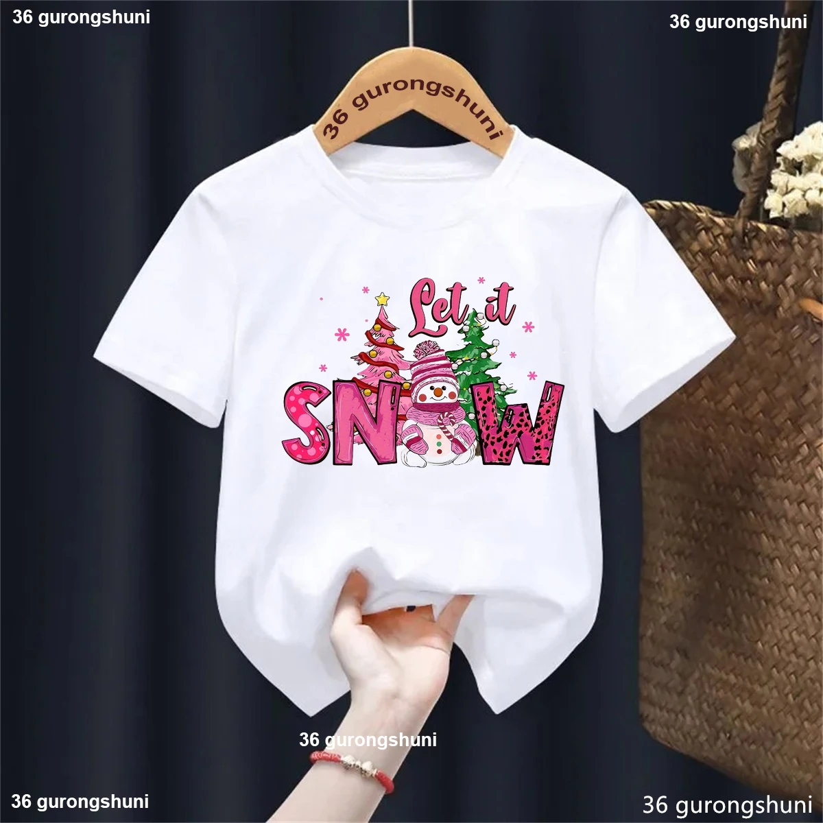 

Let It Snow Graphic Printed Tshirted Girls/Boys Leopard Christmas Trees T Shirt Kawaii Kids Clothes Solid Casual T-Shirt Tops