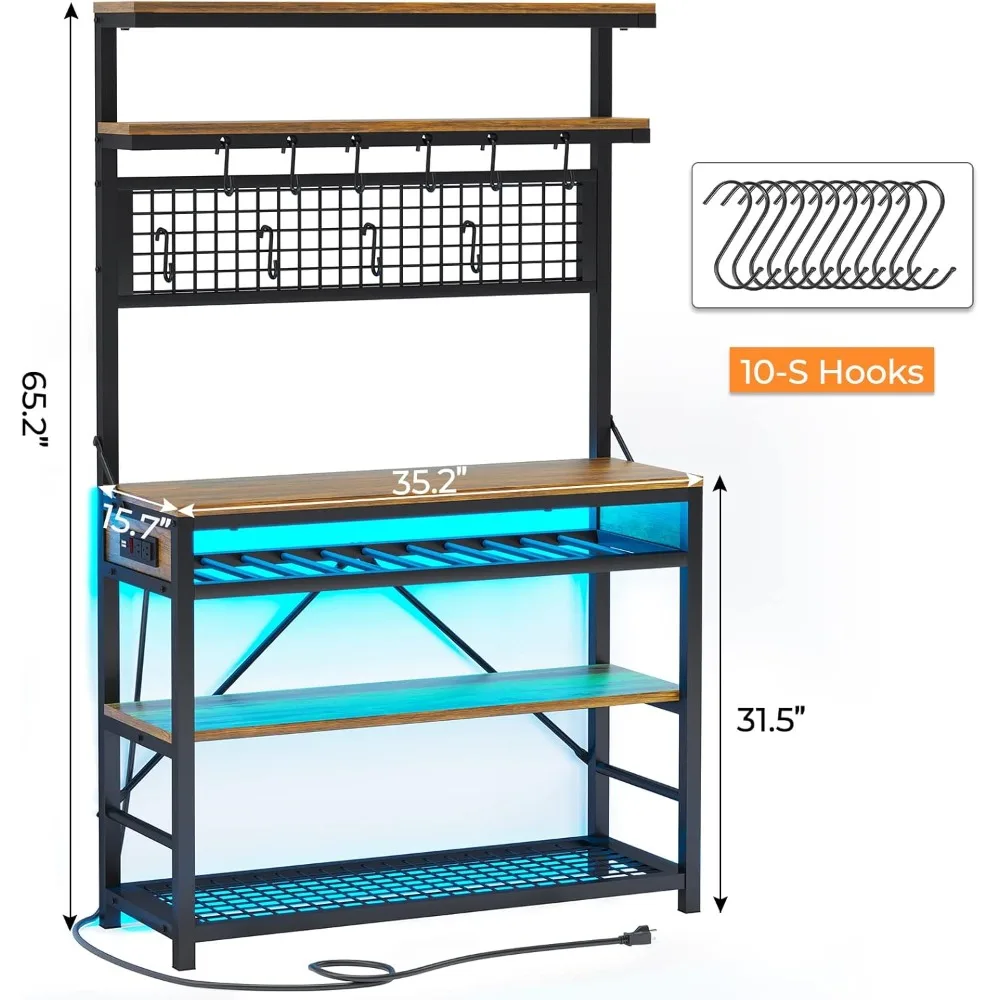 Itaar Bakers Rack with Power Outlet, 6-Tier Coffee Bar, Microwave Stand with Wine Rack, LED Lights and 10 Hooks, Bakers Racks