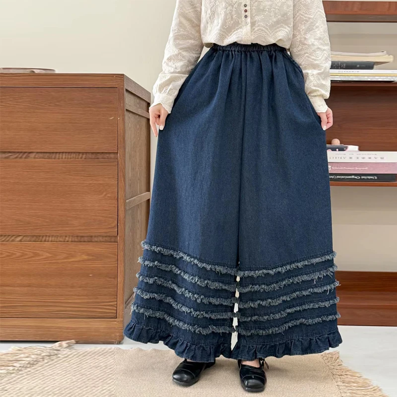 Johnature Japanese Mori Women Multi Layered Wide-leg Pants Denim Spring Loose Versatile Casual Fungus-trimmed Trousers