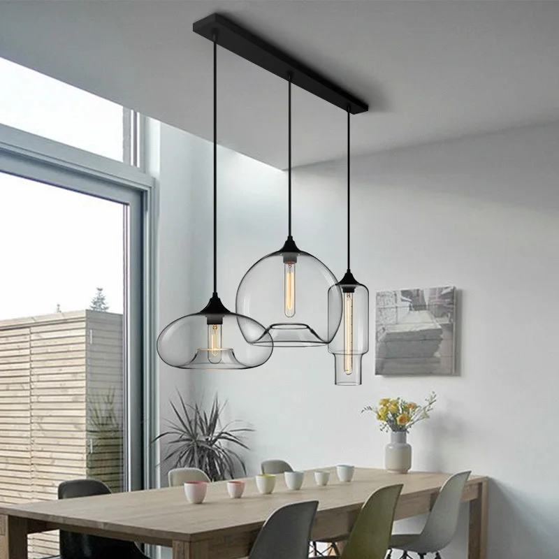 Vidro Retro Pendant LED Light, Nordic Iron Bar Decor, Luminária Suspensa para Sala de Jantar, Sala de Estar, Cafetaria Lustre