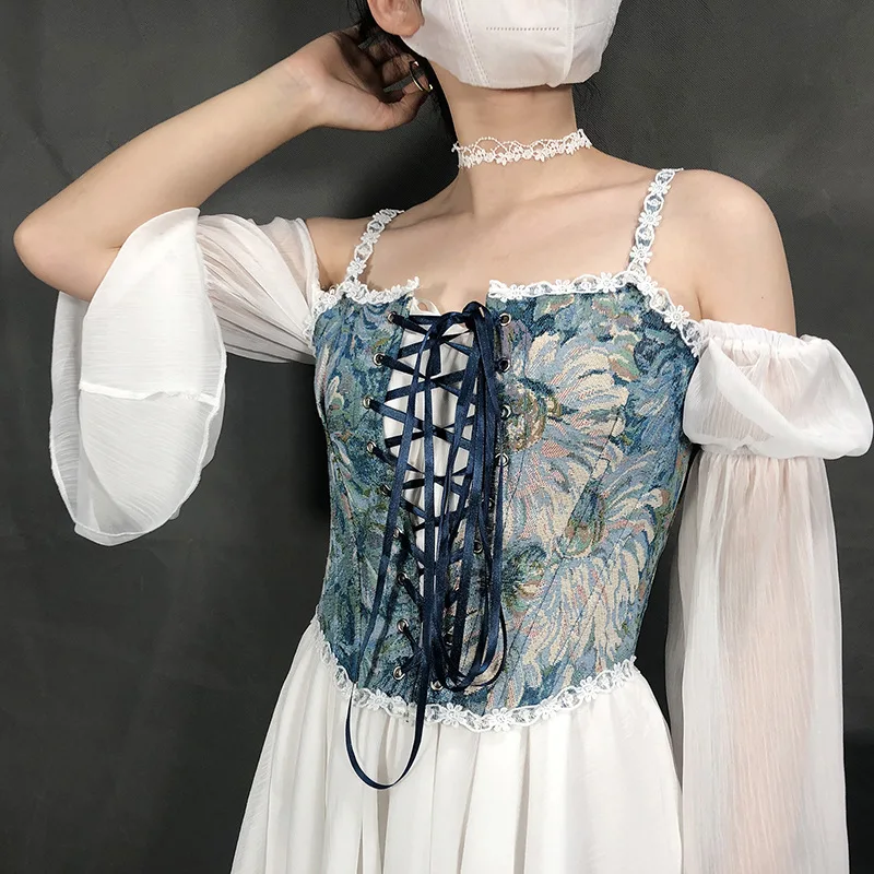 Women Vintage Bustier Tops Floral Camisole Flower Embroidery Pattern Tight Vest Drawstring Tie-up Tank Top Slimming Waist Corset