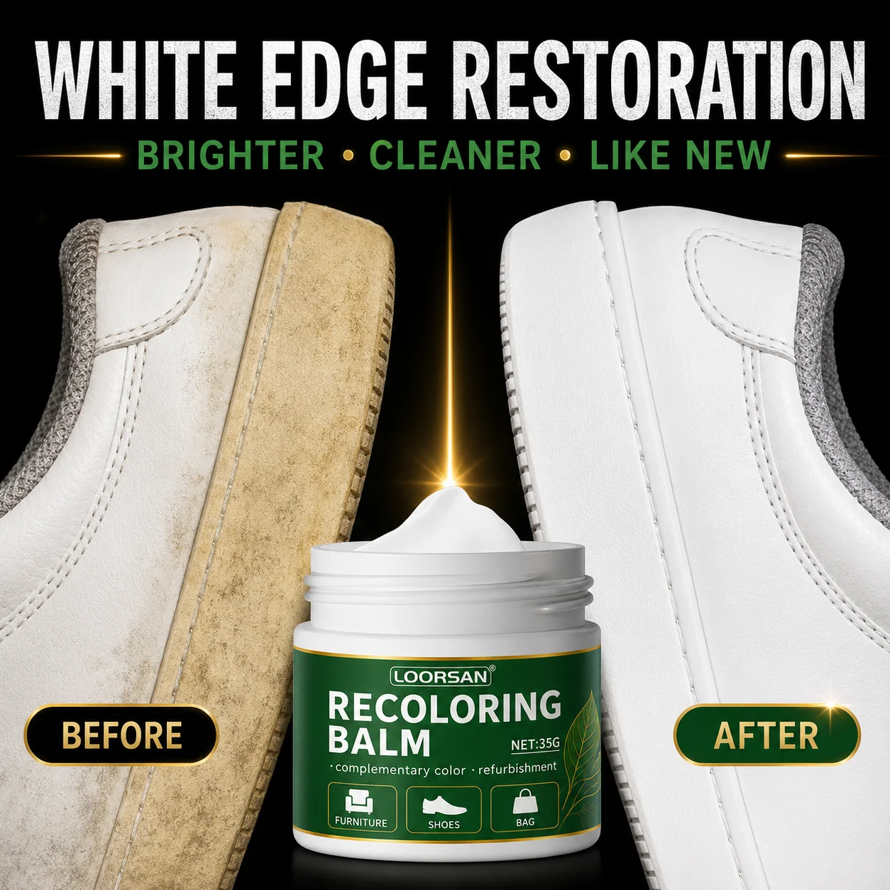 LOORSAN Shoe Recoloring Balm Leather Repair Cream For Sneakers White Edge Restorer Scuff Cover Color Renewal Easy Application