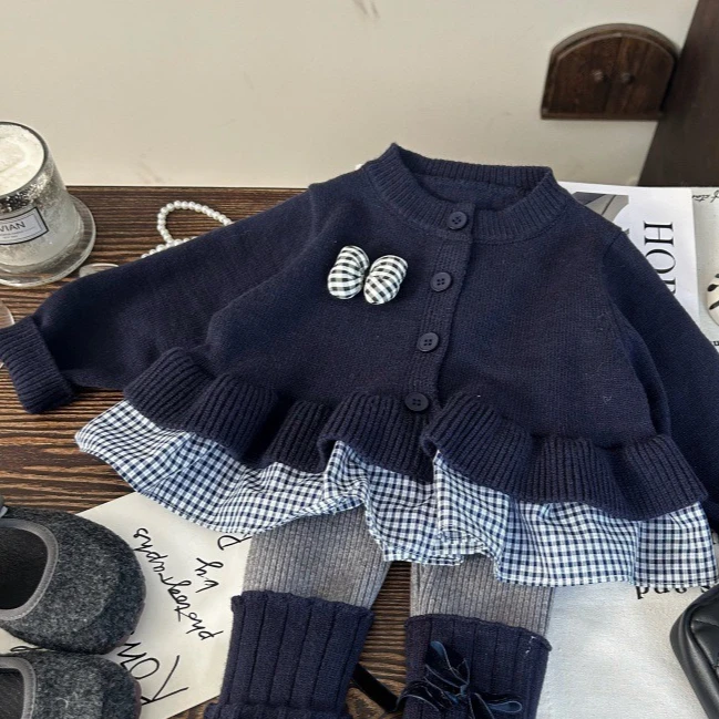 Suit 2025 Autumn New Childrens Clothing Korean Girl Baby College Style Sweater Cardigan Bow Pile Socks Leggings Two-piece Set