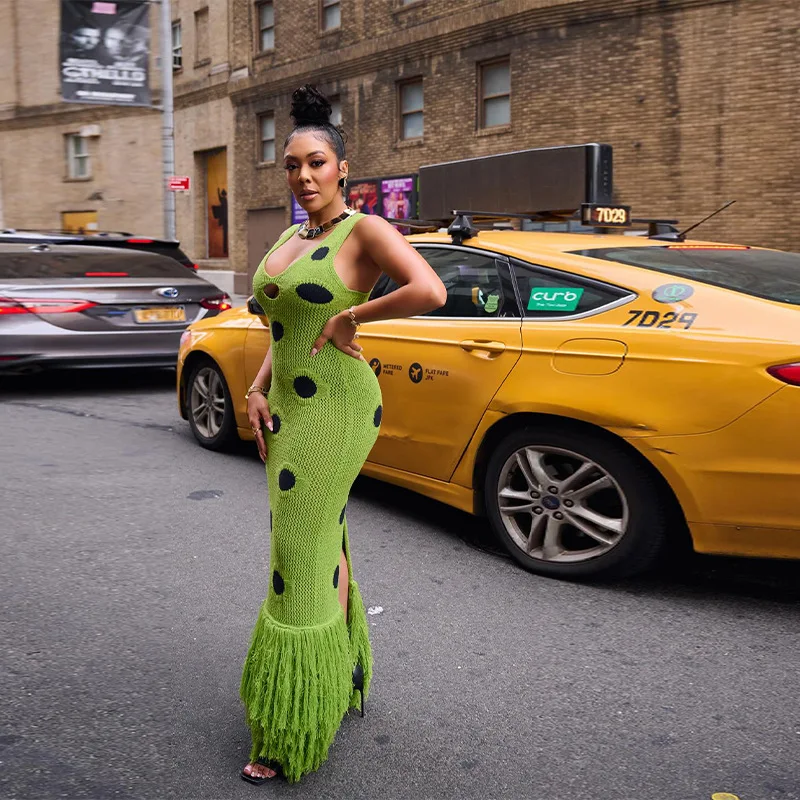 2025年ホットセール新作水玉フリンジヘムデザインロングサスペンダーニットワンピース（レディース）