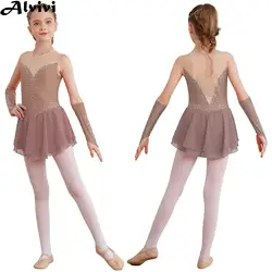 Kids Girls Figure Ice Skating Costume Shiny Rhinestone Leotard Dress with Gloves for Ballet Rhythmic Gymnastics Lyrical Dance