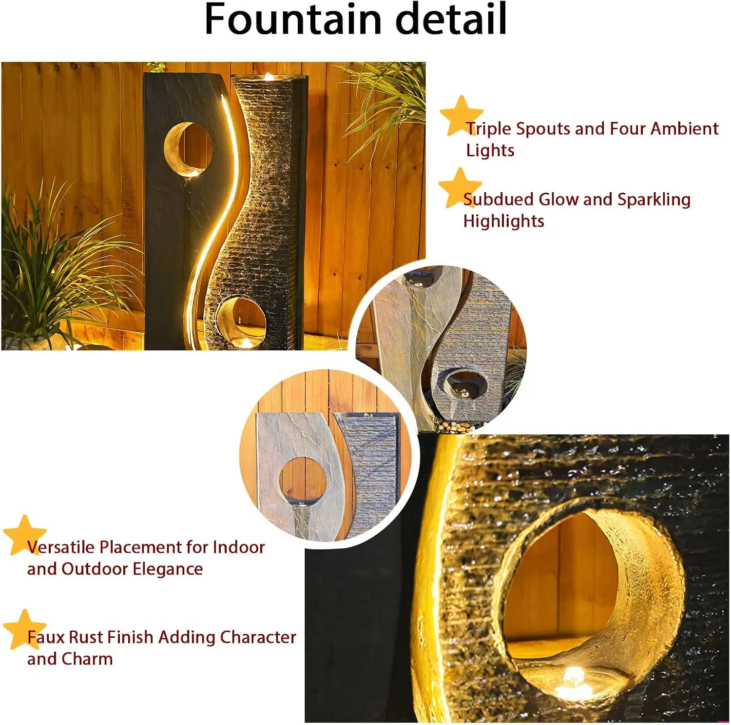 47 Inch Water Fountain Outdoor Garden Waterfall Indoor Modern Large Freestanding Water Feature Fountains Faux Rust Finish Led Li