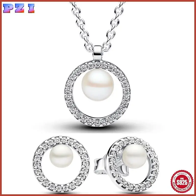 

Authentic 925 Sterling Silver Circular Forever Pearl Earring Necklace With Crystal For Women Jewelry Set Gift