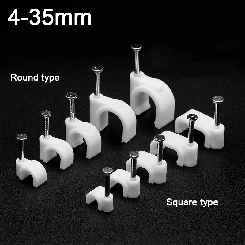 20-100pcs Fixed Clip 4/5/6/7/8/10/12-35mm Circle/Square PE Plastic Cable Clip C Shaped Steel Nails Wire Cable Clips Wall Holder