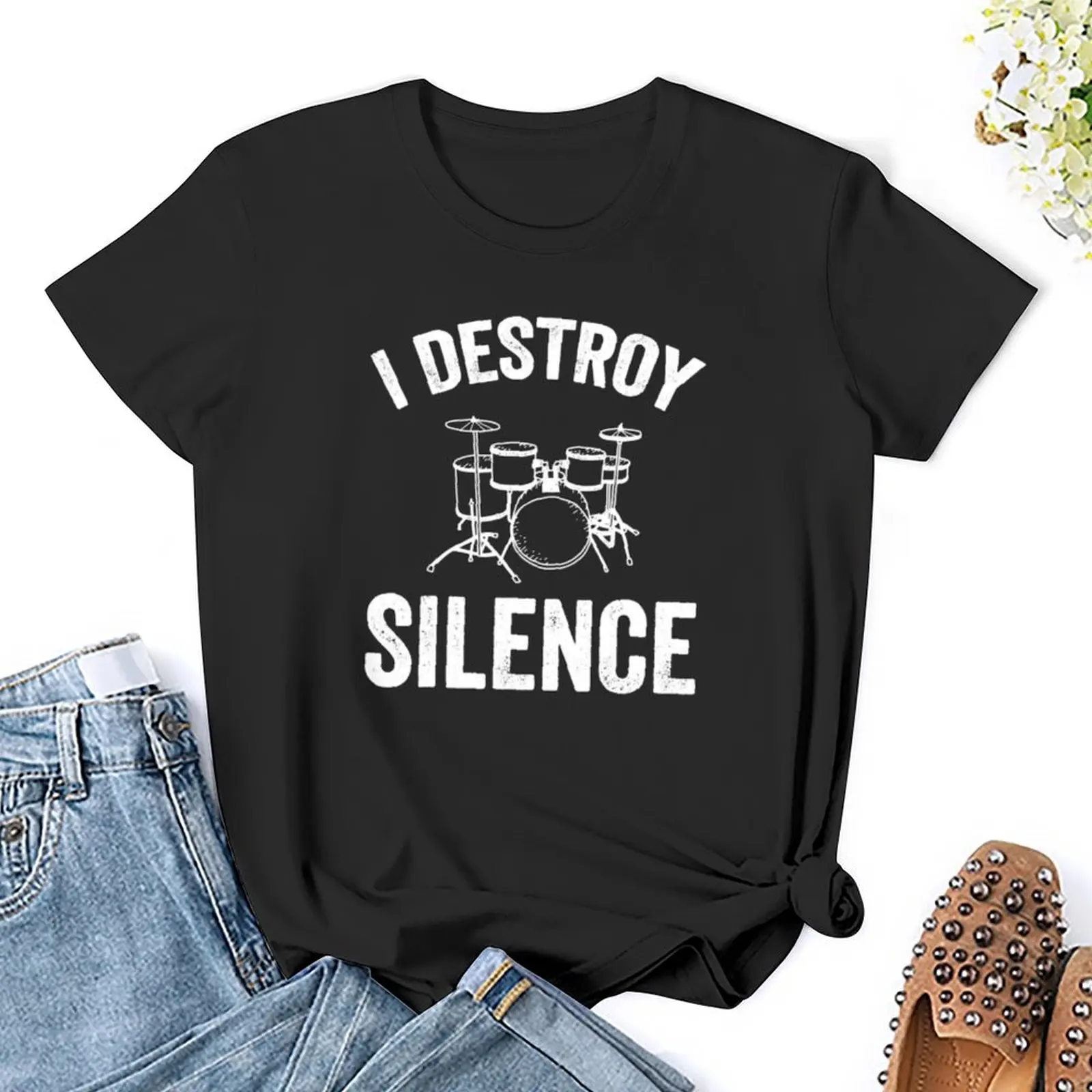 I destroy silence - drummer gift T-Shirt korean fashion summer top aesthetic clothes Summer Women's clothing