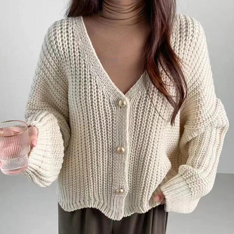 Zoki Lazy Wind Women Sweet Cardigan Korean Loose Long Sleeve Casual Knitted Coats Vintage V Neck Oversize Rose Color Cardigan