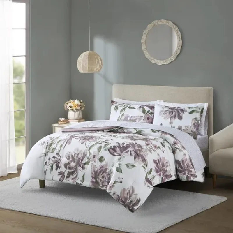 Floral Mauve Bed in a Bag Set includes comforter, 2 shams (1 in Twin), 1 flat sheet, 1 fitted sheet, 2 pillowcases