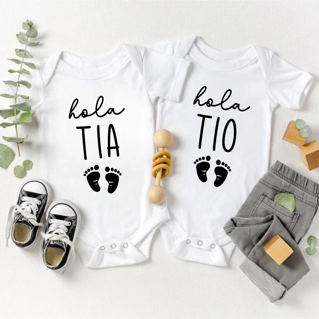 Hola Abuela Abuelo Tio Tia Spanish Baby Bodysuits Announcement Pregnancy Reveal Colothes Newborn Rompers Grandma Grandpa Gifts
