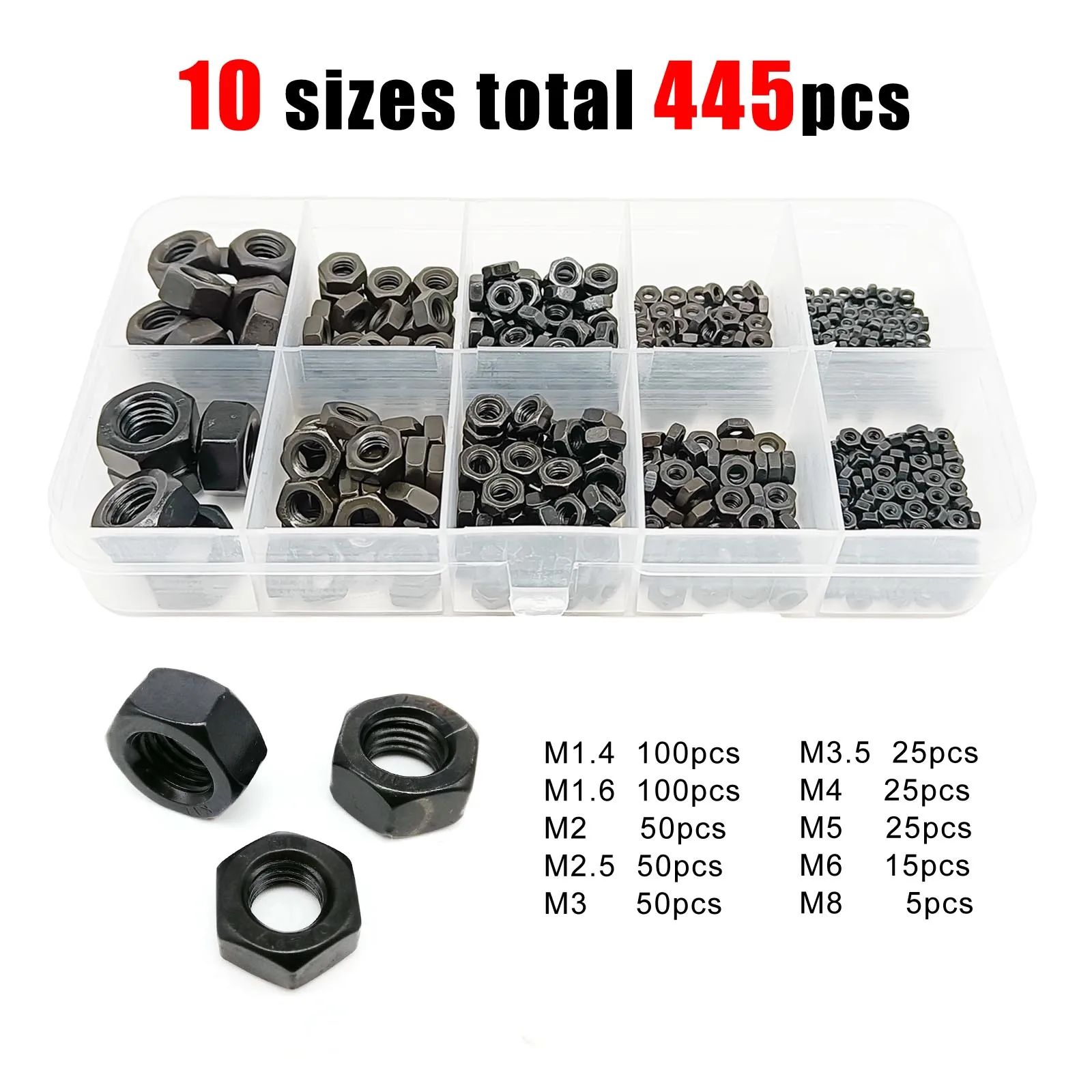 445pcs DIN934 Small Micro Hex Hexagon Nut Set Assortment Kit Box Black Carbon Steel Brass M1.4 M1.6 M2 M2.5 M3 M3.5 M4 M5 M6 M8