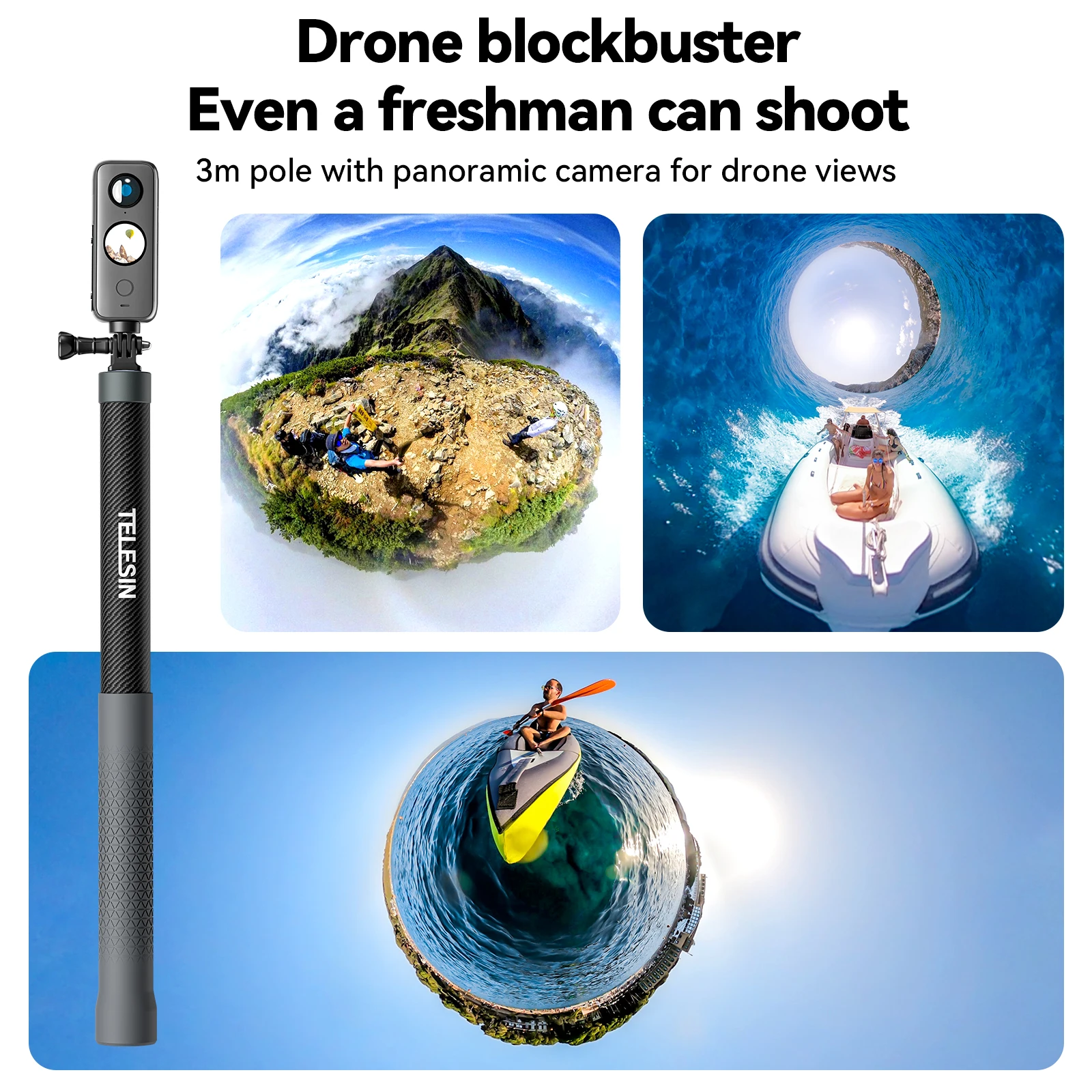 TELESIN 3M 1.2M Selfie Stick z włókna węglowego Monopod o regulacji długości wysuwany ze śrubą 1/4 do GoPro Insta360 DJI Osmo Action