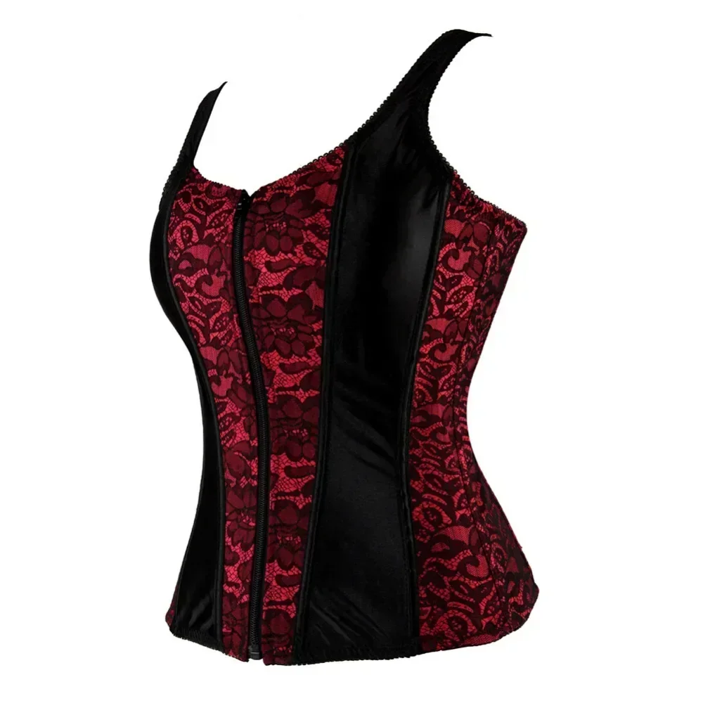 Feminino plus size brocado espartilho colete com alças overbust push up gótico steampunk bustier zíper lingerie topo