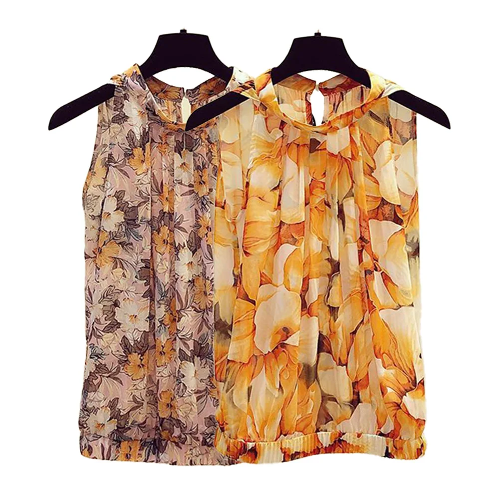 Tangerine Floral Printing Chiffon O-Neck Sleeveless Loose Pullover Women\'s Blouse Shirt Korean Fashion Female Clothing Tops 2024