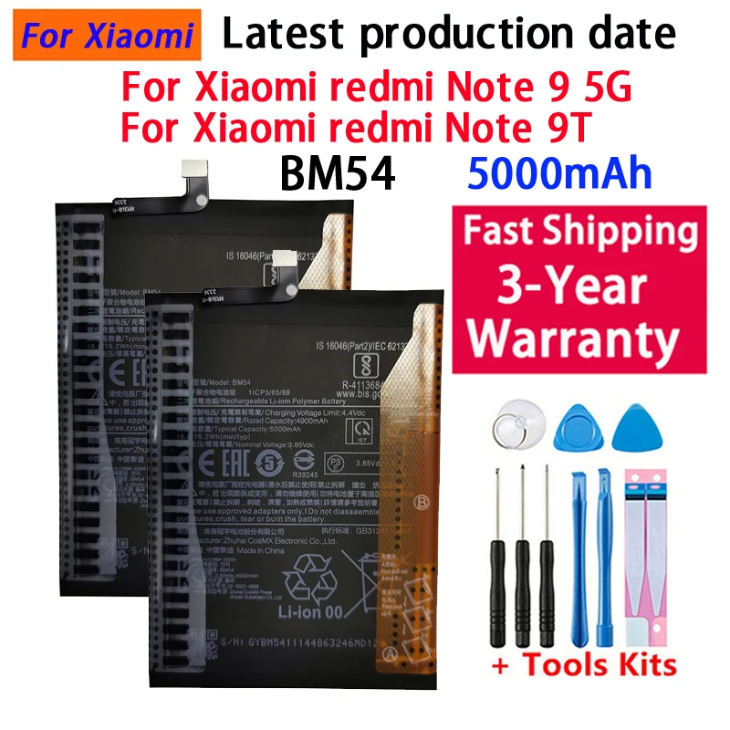100% Original BM54 Battery For Xiaomi redmi note 9 5G /Note 9T MTK 800U 5000mAh High Qulity Battery Batteries Bateria