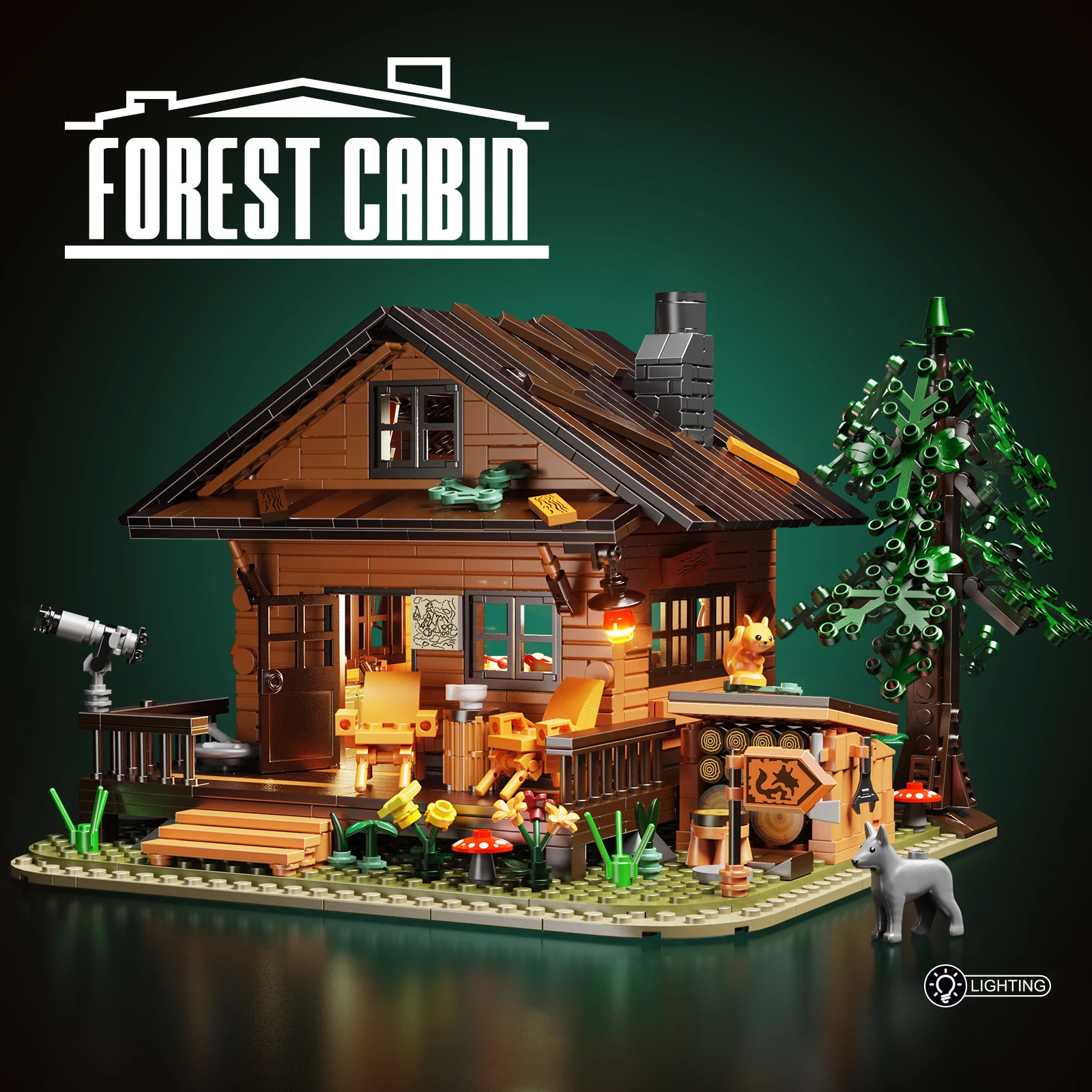 2024 NEW Forest Cabin Building Block Set Ideas Street View House Hut Frame Architecture Model Toys with Light Kit 1077 PCS Brick