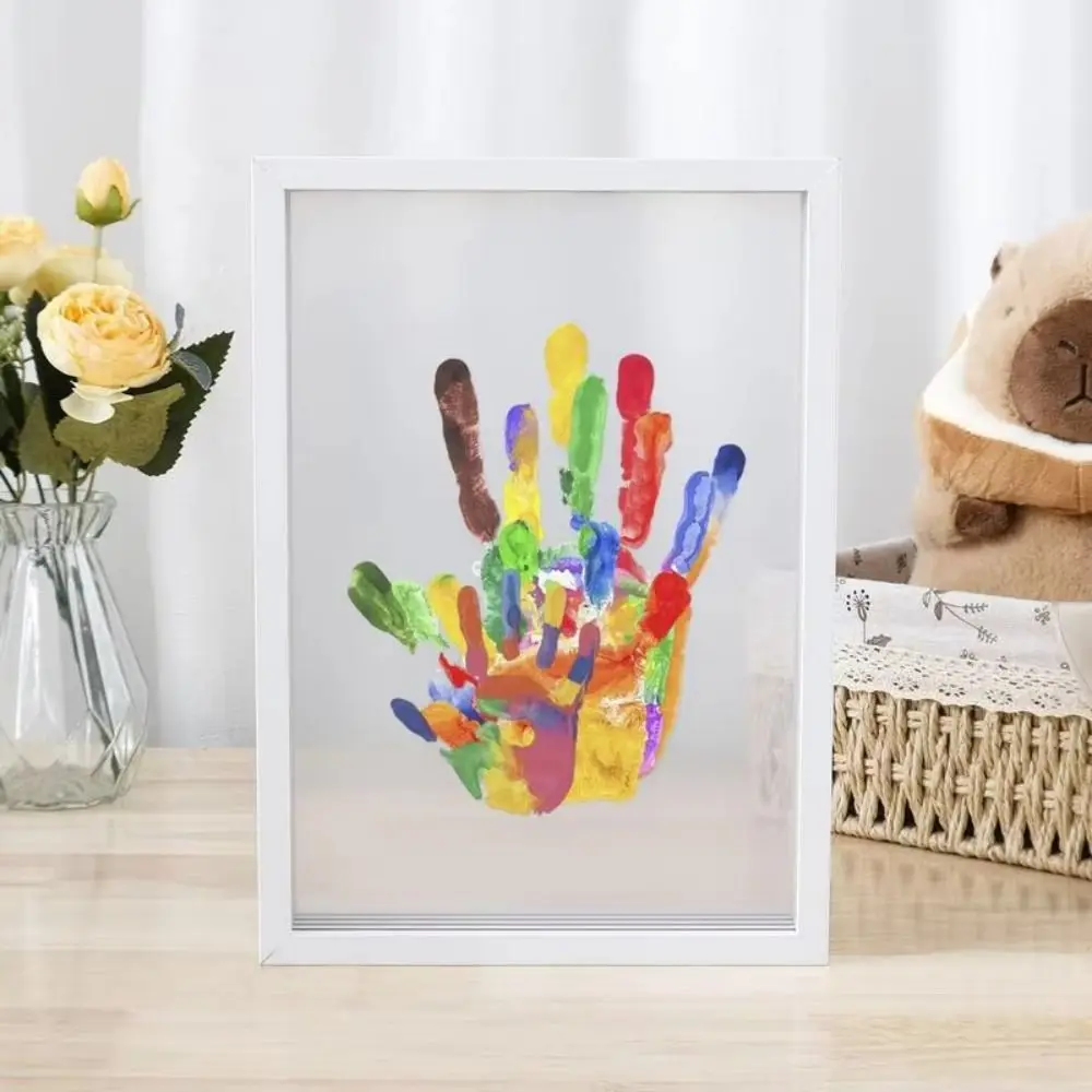 Durable Wooden Frame Handprint Photo Frame Kit  Family Handprint Kit Transparent Photo Frame with 6 Paints Pen Eraser Paintbrush