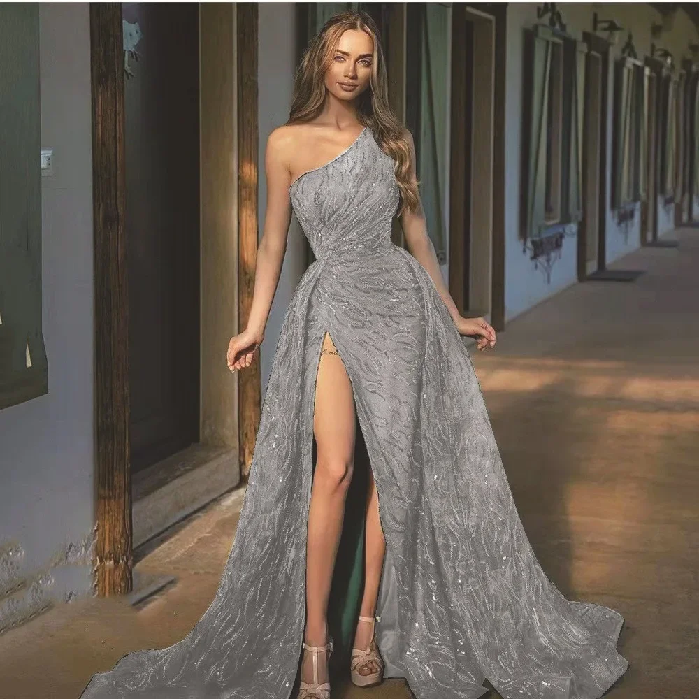 فستان نسائي أنيق أنيق ذو فتحة عالية للحفلات المسائية لامع على شكل حرف a فاخر بدون أكتاف ترتر لحفلات الكوكتيل #6