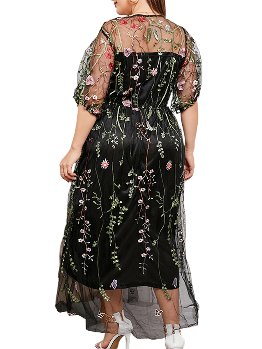 Damen-Maxikleid aus Spitze, schulterfrei, mit Blumen bestickt, kurzärmelig, V-Ausschnitt, Übergröße, Abendparty, elegantes Kleid