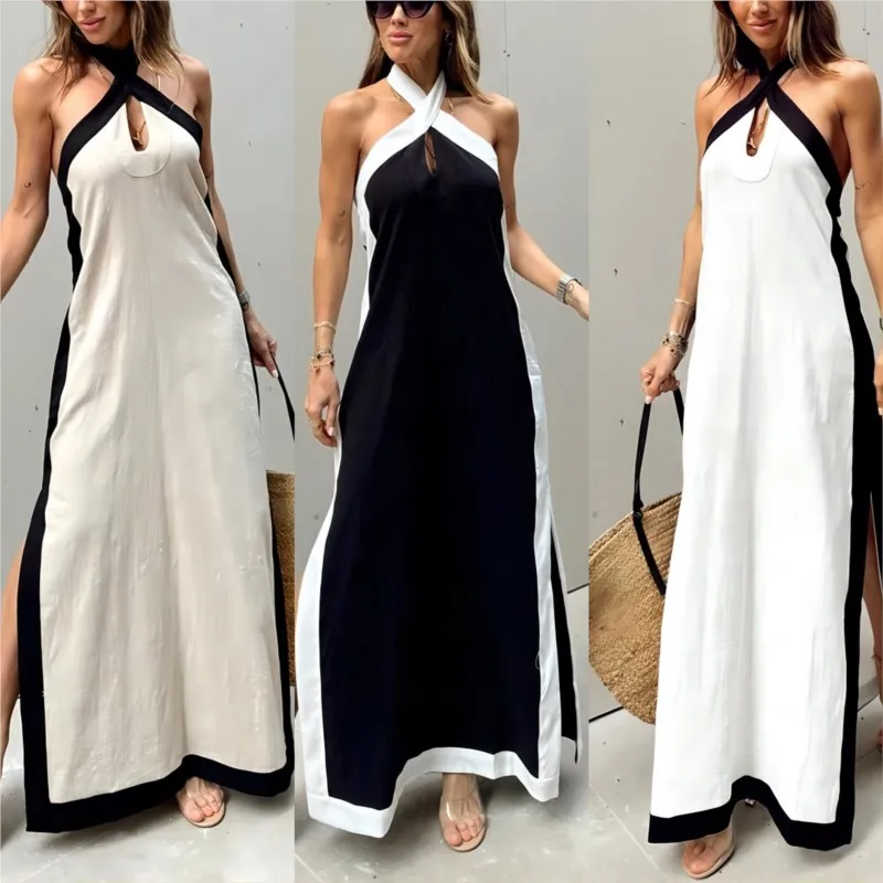 Boho Summer Sexy Women\'s Dress New Style Cotton Linen Backless Halterneck Slit Vintage Prom Dresses For Women Maxi Robe Femme