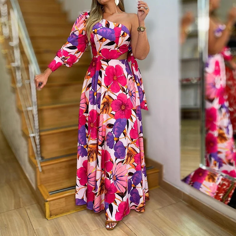 Seksowna sukienka maxi z odkrytymi ramionami, w kwiatowy wzór, elegancka sukienka świąteczna z wysoką talią i wycięciami, modna asymetryczna sukienka boho na imprezę, sznurowana.