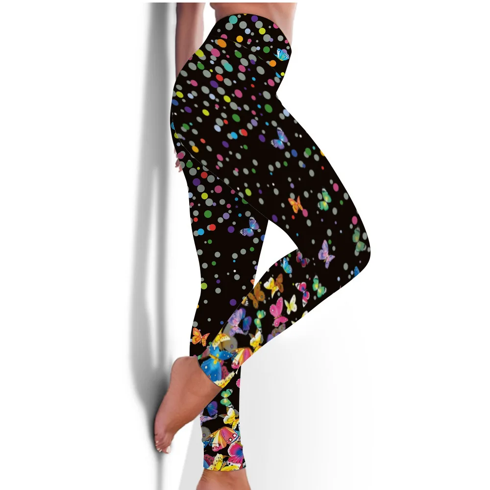 Pantaloni slim elasticizzati slim-fit con stampa a farfalla multicolore leggings casual attillati in vita elastica per le donne