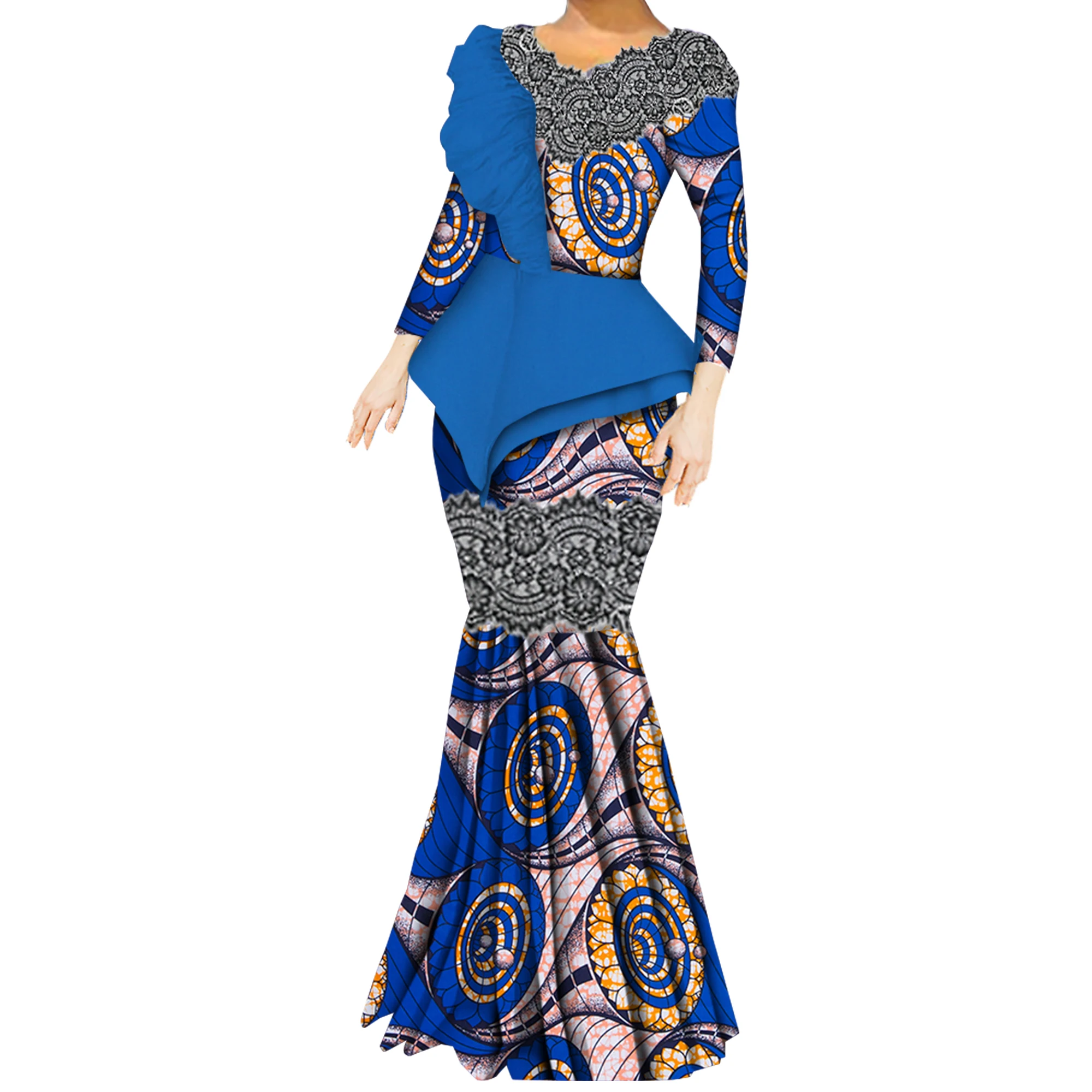 

Long Sleeve African Women Dresses Ankara Print lace neck Dashiki Party Wedding Wax Batik African long Dress for Women wy9824