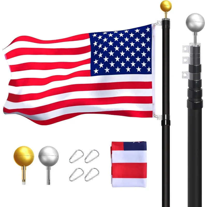 

20FT Telescoping Flag Pole Kit, Heavy Duty Telescopic Flagpole Fly 2 Flags for Outside, Outdoor Inground Aluminum Flag Poles