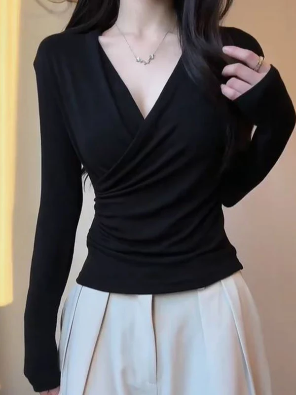 Slim Fit Long Sleeve V-Neck Cross T-Shirt Women's Spring Autumn Base Shirt Thin Waist Sexy Pure Desire Top Korean Style