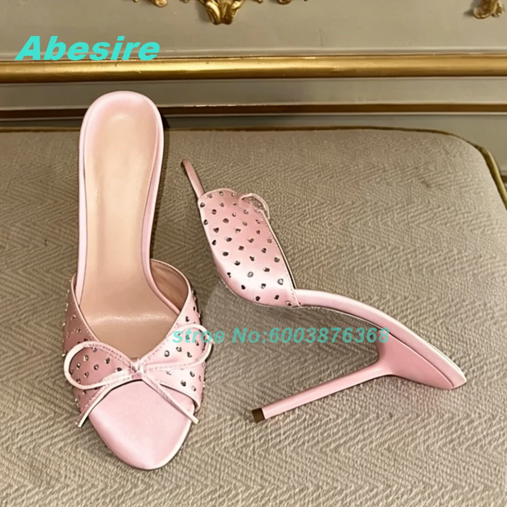 Pink Satin Leather Peep Toe Stiletto Heel Mules Rhinestone Decor Bow Knot Women's Slippers Sexy Sweet Y2K Daily Date Party Shoes