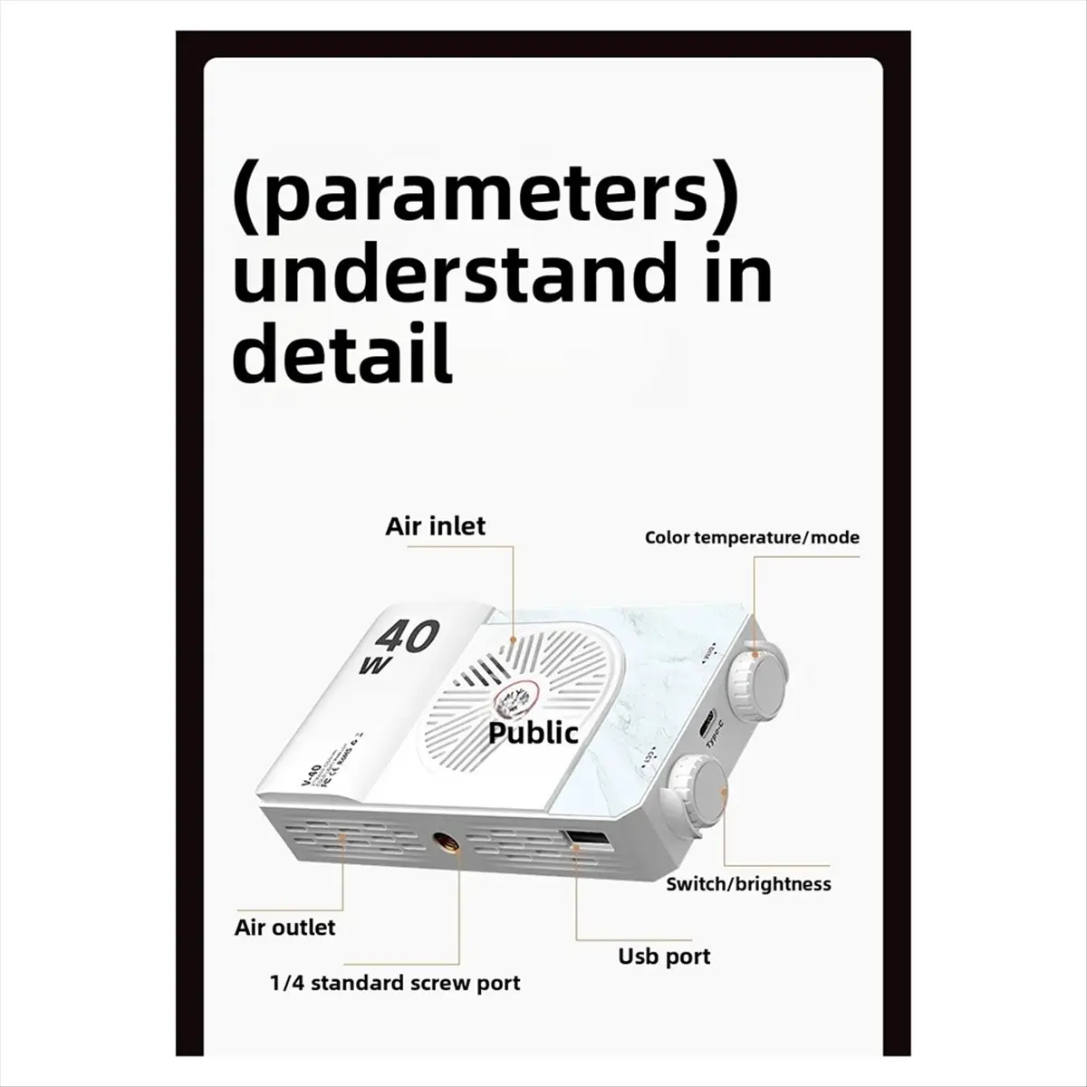 MYdaY- مصباح فيديو LED محمول بقدرة 40 وات، ضوء ملء صغير محمول صغير الحجم مع بطارية مدمجة قابلة لإعادة الشحن، يمكن شحن الهاتف المحمول #5