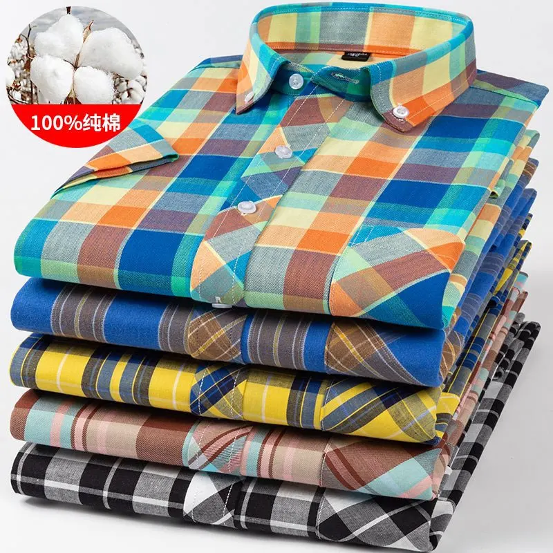 6XL men\'s short-sleeved shirt summer new 100% cotton high-quality thin casual plaid non-ironing fashion large size breathable