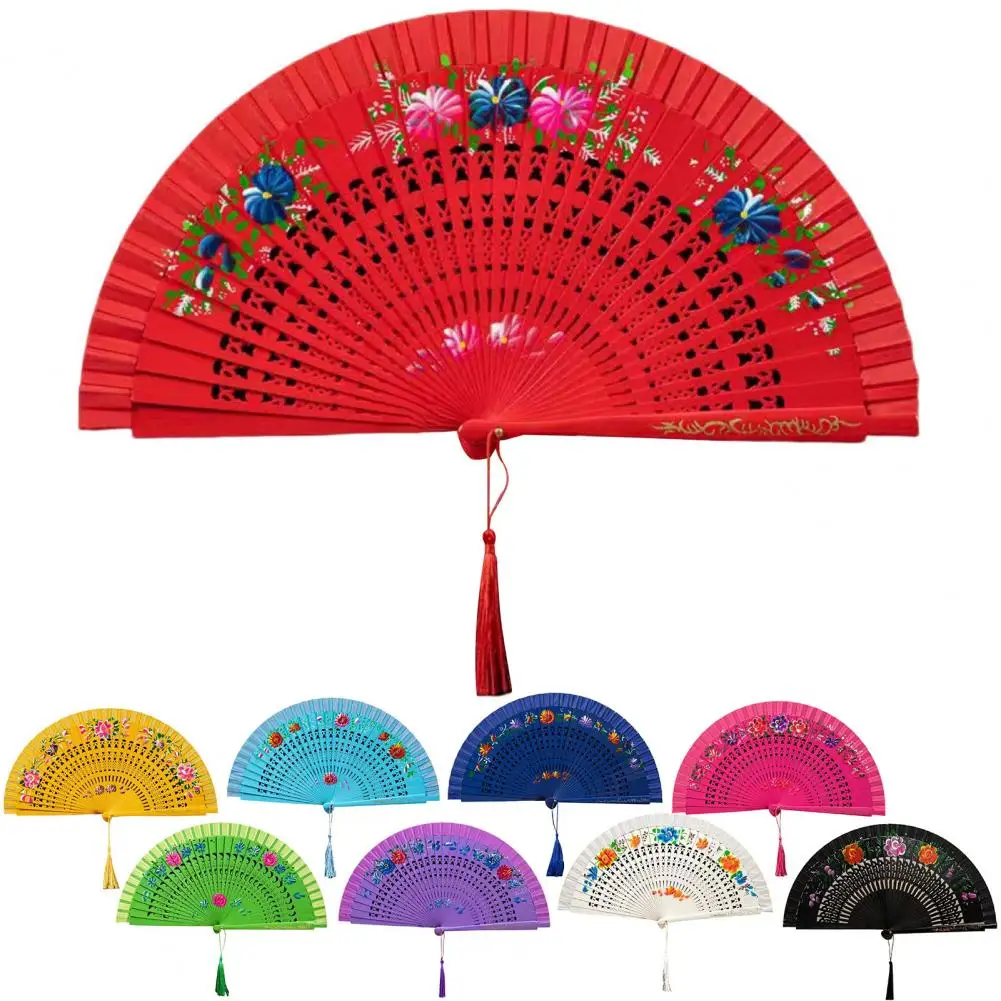 Folding Fan with Tassels Double Sided Flower Wooden Hollow Ribs Catwalks Dance Fan Summer Hand Held Fan Party Gifts Wooden Fan