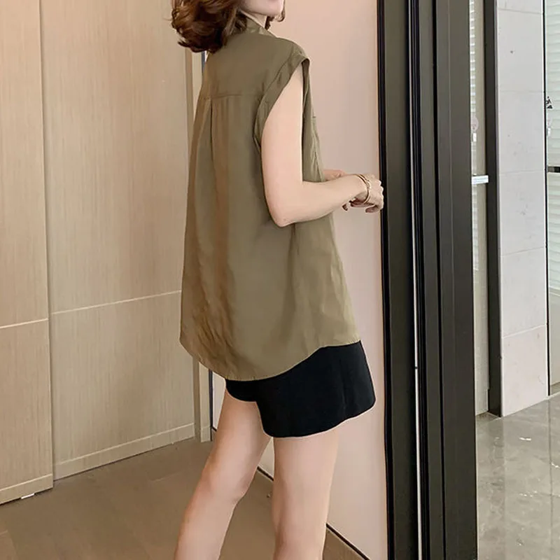 Simplicity All-match Turn-down Collar Solid Color Women\'s Shirt Summer Korean Loose Sleeveless Button Blouse Female Clothing